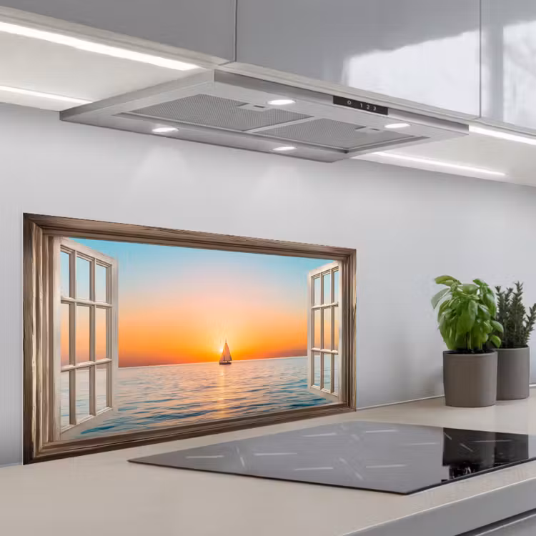 Doorkijk - Zee - Boot - Zonsondergang keuken achterwand spatscherm middel -3d_schuin