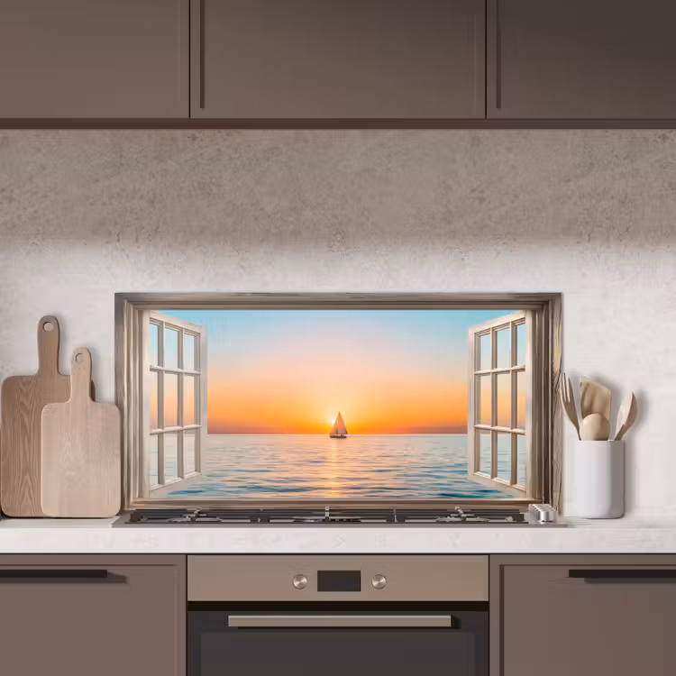 Doorkijk - Zee - Boot - Zonsondergang keuken achterwand spatscherm middel -sfeer2