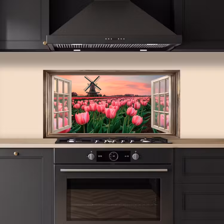 Doorkijk - Tulpen - Bloemen - Molen - Raam keuken achterwand spatscherm middel -sfeer1