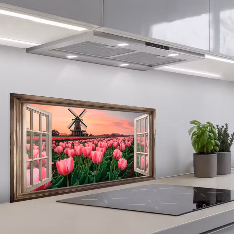 Doorkijk - Tulpen - Bloemen - Molen - Raam keuken achterwand spatscherm middel -3d_schuin