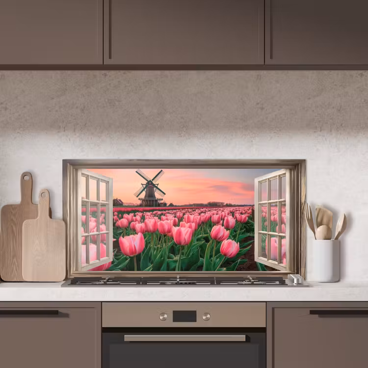 Doorkijk - Tulpen - Bloemen - Molen - Raam keuken achterwand spatscherm middel -sfeer2