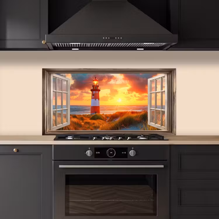 Doorkijk - Raam - Vuurtoren - Zonsondergang - Strand keuken achterwand spatscherm middel -sfeer1