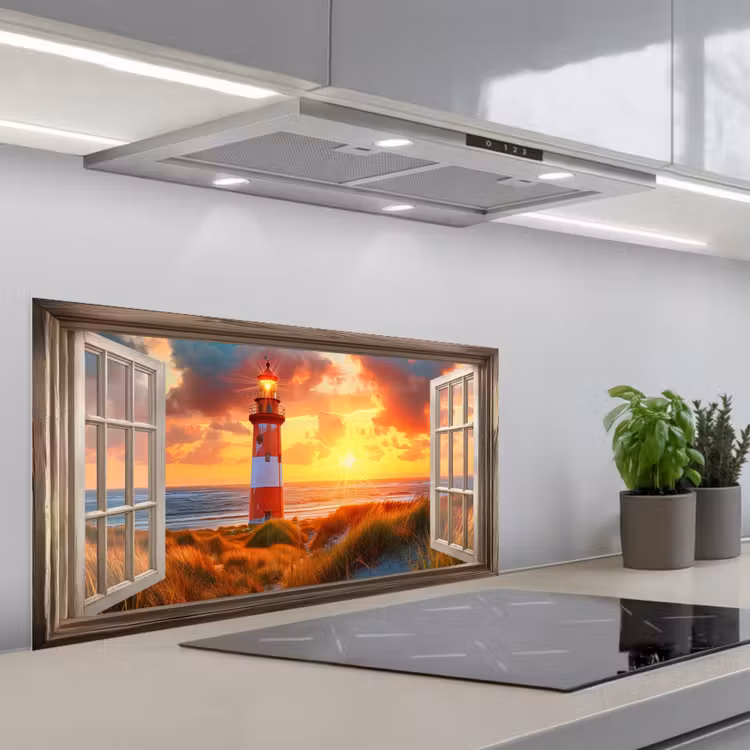 Doorkijk - Raam - Vuurtoren - Zonsondergang - Strand keuken achterwand spatscherm middel -3d_schuin