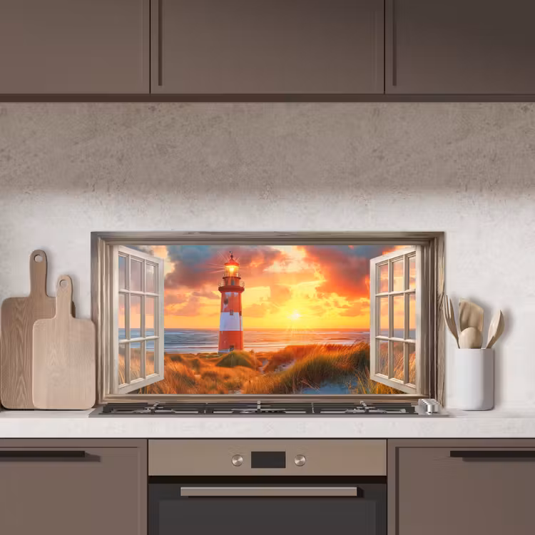 Doorkijk - Raam - Vuurtoren - Zonsondergang - Strand keuken achterwand spatscherm middel -sfeer2
