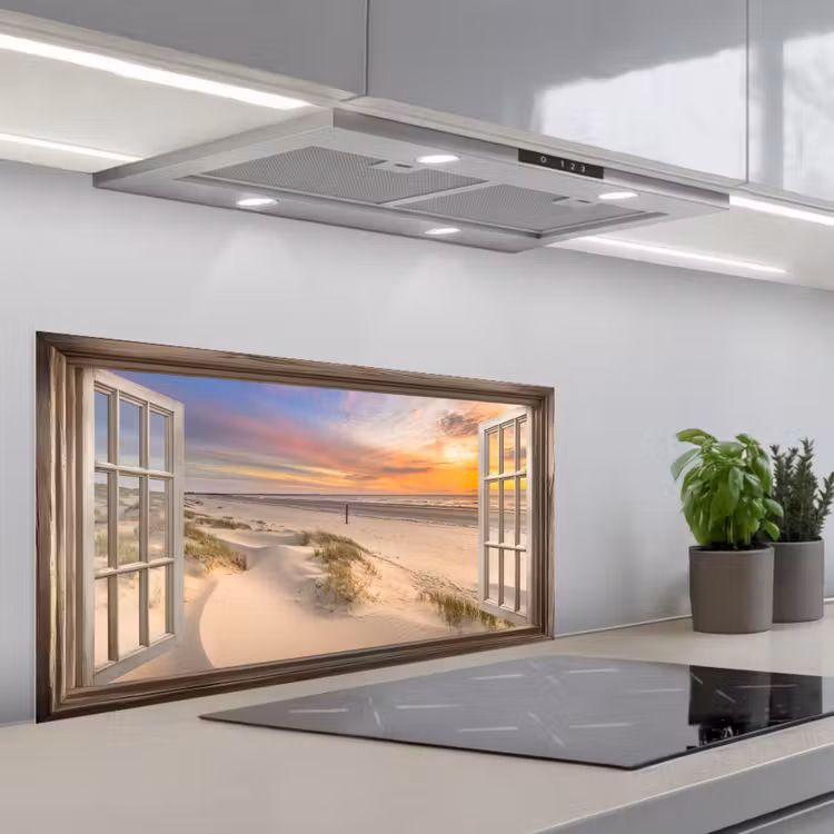 Doorkijk - Strand - Duinen - Natuur - Landschap keuken achterwand spatscherm middel -3d_schuin