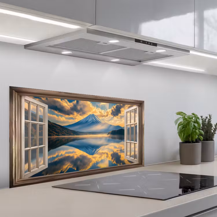 Doorkijk - Landschap - Bergen - Uitzicht - Raam keuken achterwand spatscherm middel -3d_schuin