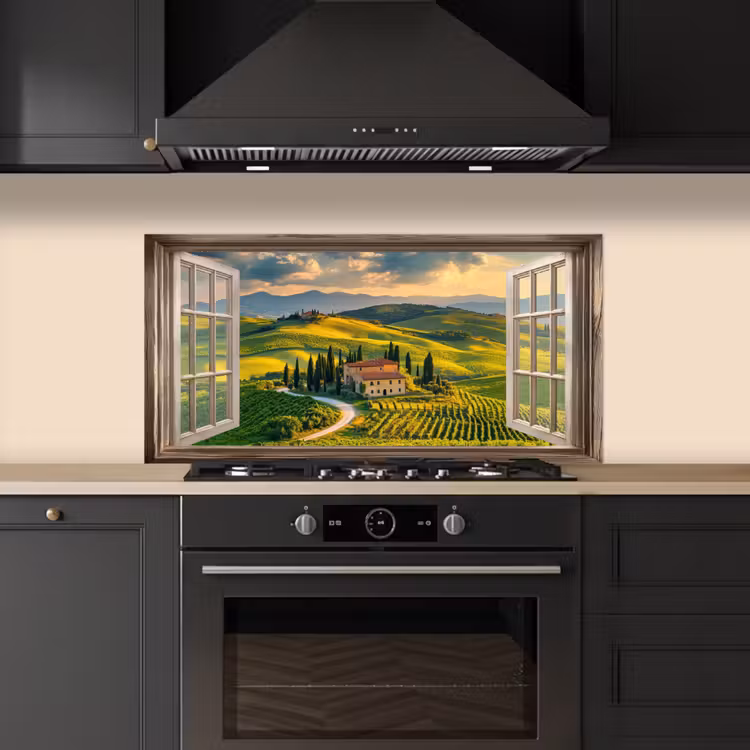 Doorkijk - Toscane - Uitzicht - Landschap - Zomer keuken achterwand spatscherm middel -sfeer1