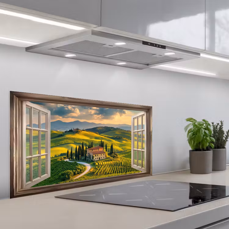 Doorkijk - Toscane - Uitzicht - Landschap - Zomer keuken achterwand spatscherm middel -3d_schuin