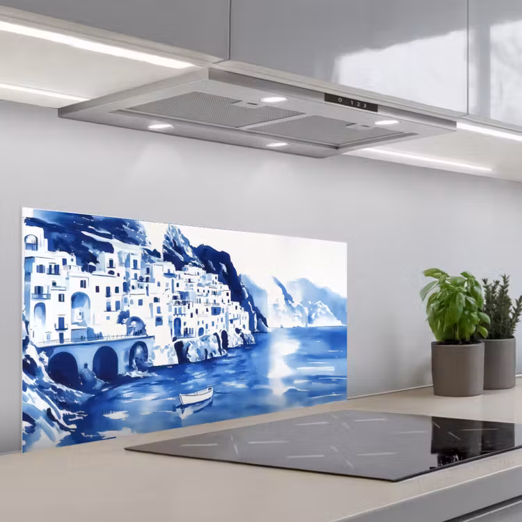 Dorp - Rotswand - Roeiboot - Water keuken achterwand spatscherm middel -3d_schuin
