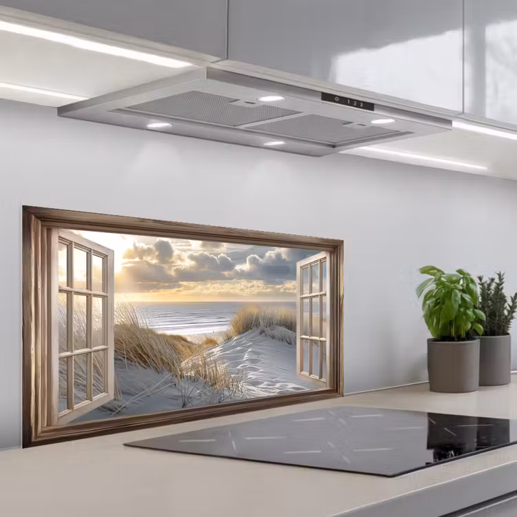 Doorkijk - Strand - Duinen - Zee - Natuur keuken achterwand spatscherm middel -3d_schuin