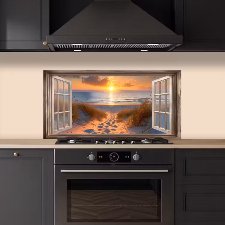 Doorkijk - Strand - Duinen - Zonsondergang keuken achterwand spatscherm middel -sfeer1