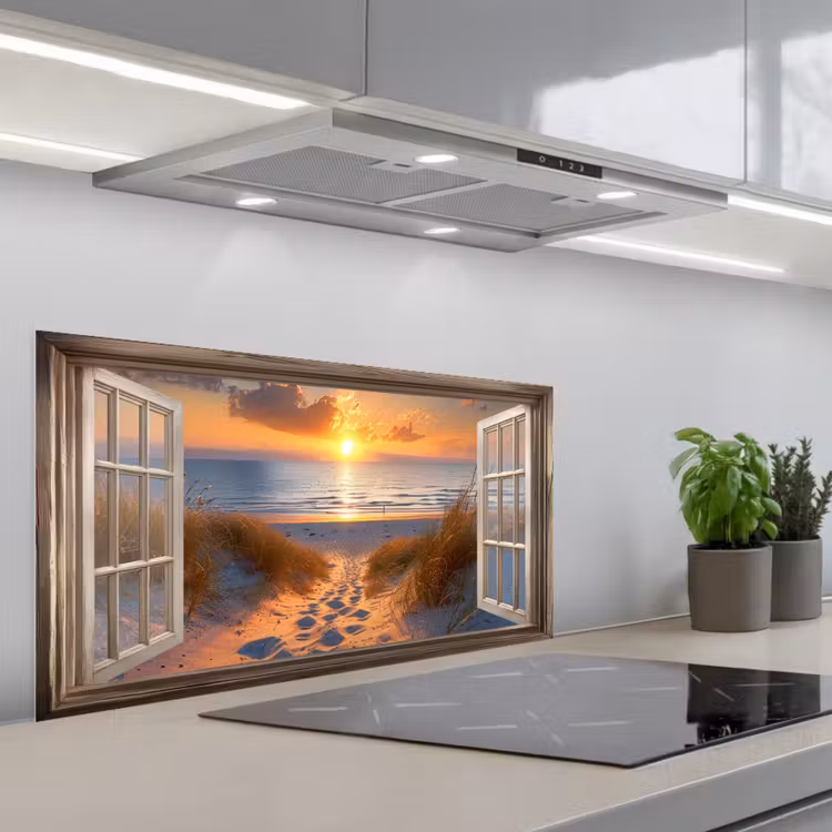 Doorkijk - Strand - Duinen - Zonsondergang keuken achterwand spatscherm middel -3d_schuin