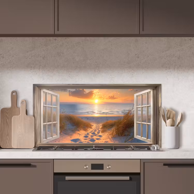 Doorkijk - Strand - Duinen - Zonsondergang keuken achterwand spatscherm middel -sfeer2