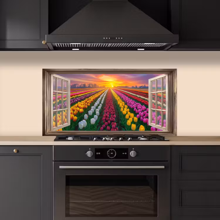 Doorkijk - Bloemen - Tulpen - Kleurrijk - Zonsondergang keuken achterwand spatscherm middel -sfeer1