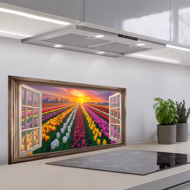 Doorkijk - Bloemen - Tulpen - Kleurrijk - Zonsondergang keuken achterwand spatscherm middel -3d_schuin