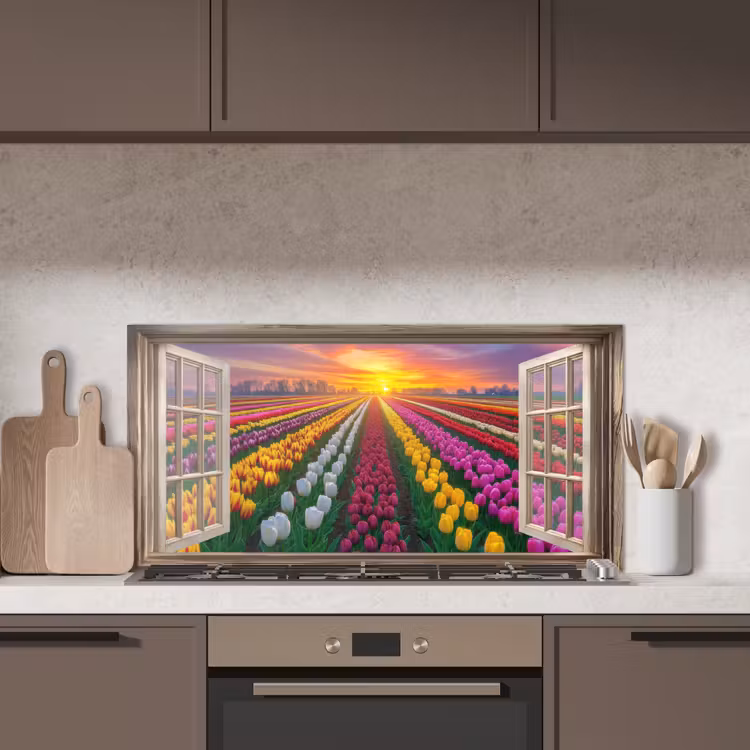 Doorkijk - Bloemen - Tulpen - Kleurrijk - Zonsondergang keuken achterwand spatscherm middel -sfeer2