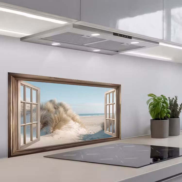 Doorkijk - Helmgras - Duinen - Zee - Landschap keuken achterwand spatscherm middel -3d_schuin