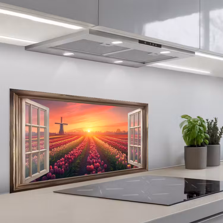 Doorkijk - Tulpen - Zonsondergang - Bloemen - Kleurrijk keuken achterwand spatscherm middel -3d_schuin