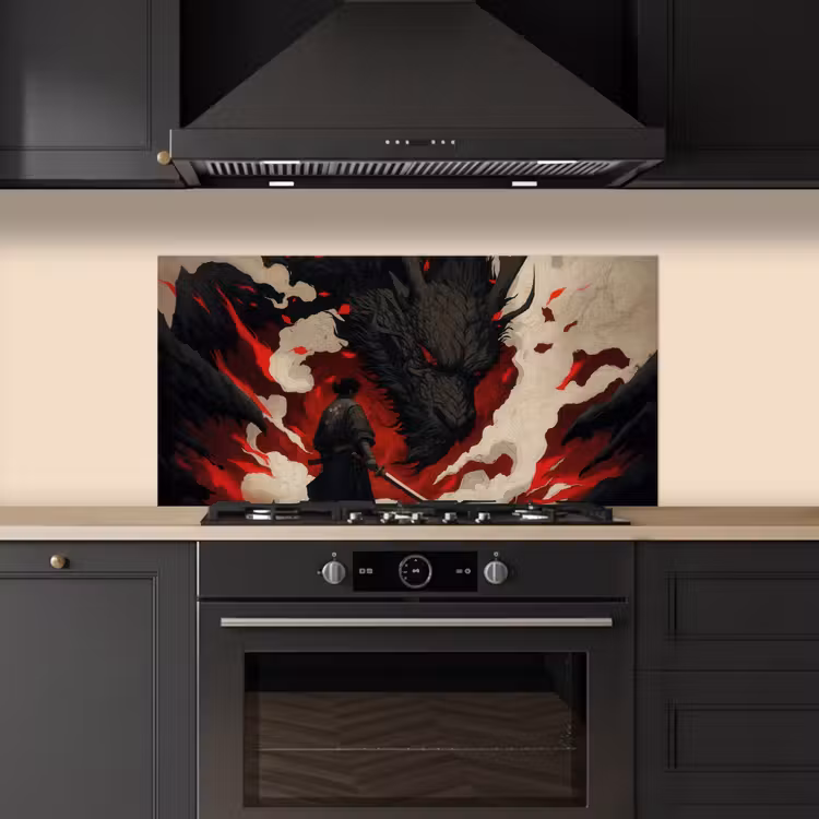 Krijger - Draak - Zwart - Rood - Rook keuken achterwand spatscherm middel -sfeer1