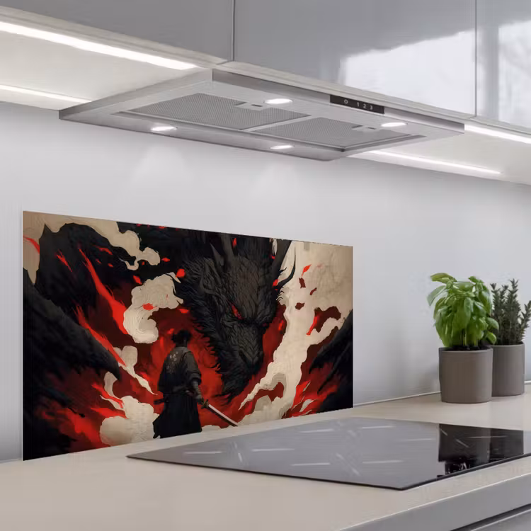 Krijger - Draak - Zwart - Rood - Rook keuken achterwand spatscherm middel -3d_schuin