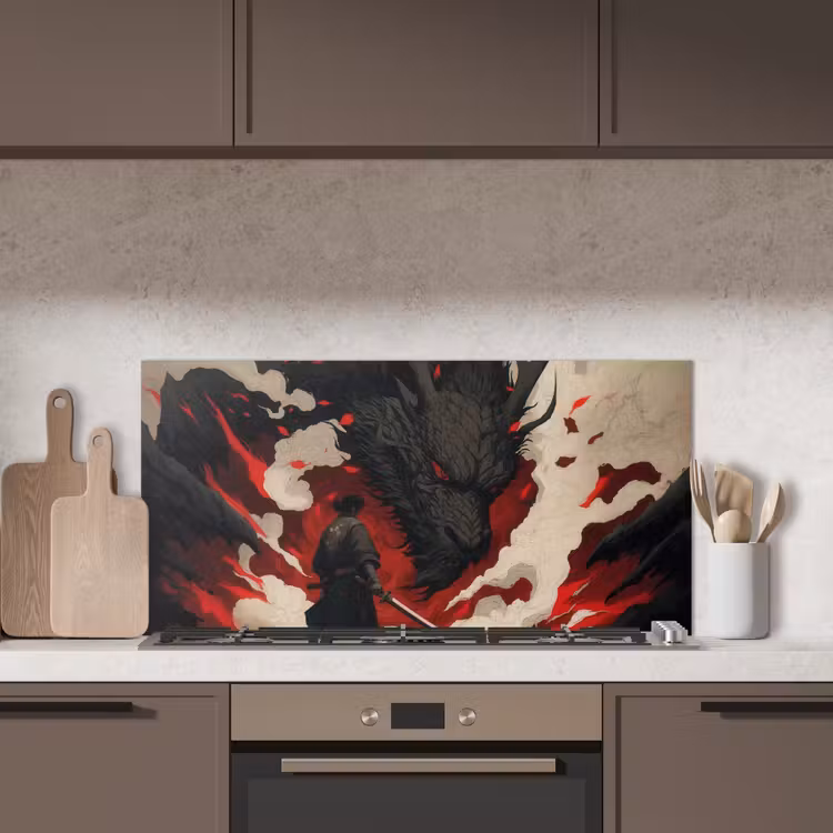Krijger - Draak - Zwart - Rood - Rook keuken achterwand spatscherm middel -sfeer2