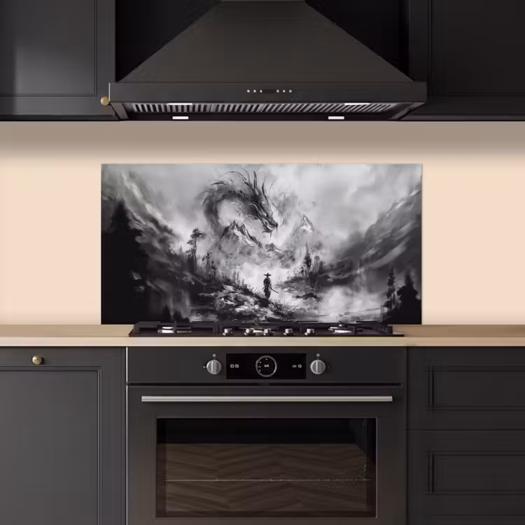 Krijger - Draak - Grijs keuken achterwand spatscherm middel -sfeer1