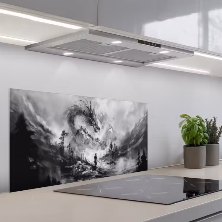 Krijger - Draak - Grijs keuken achterwand spatscherm middel -3d_schuin