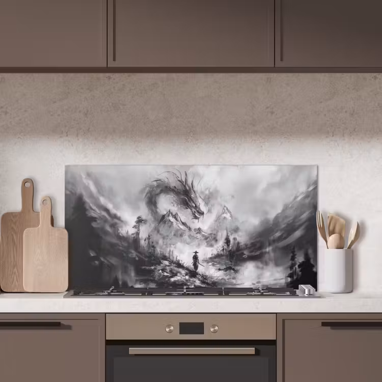Krijger - Draak - Grijs keuken achterwand spatscherm middel -sfeer2