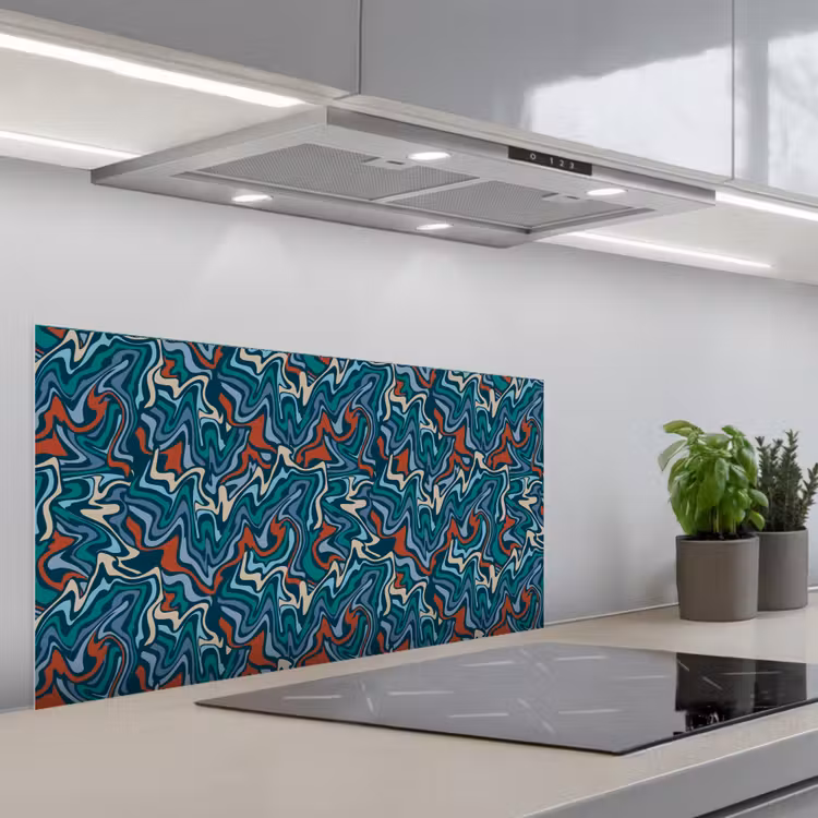 Golven - Retro - Blauw - Patroon keuken achterwand spatscherm middel 899 -3d_schuin
