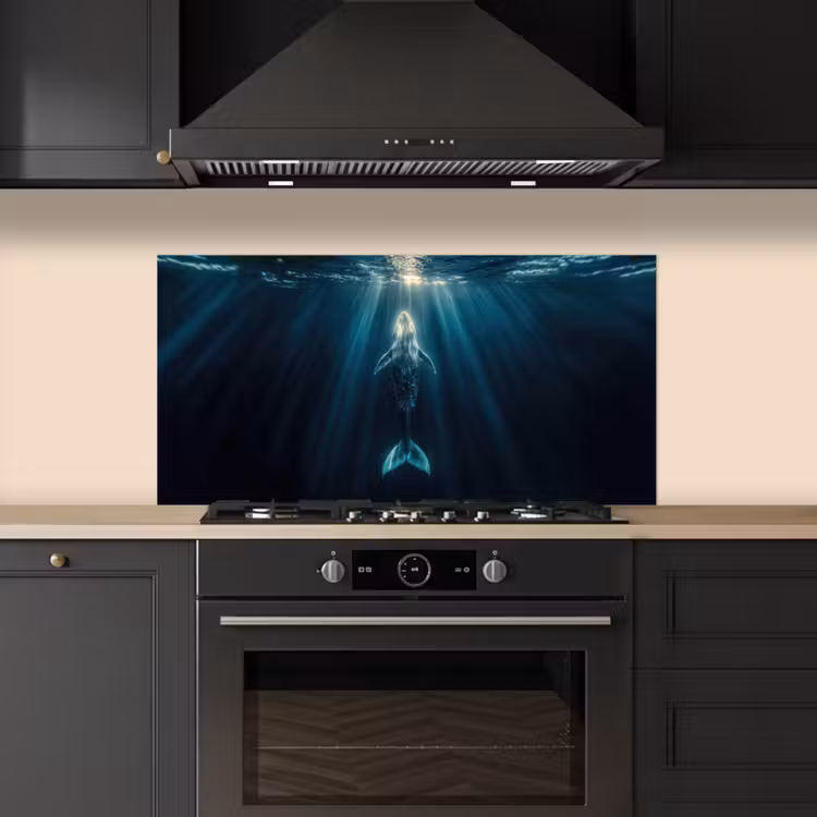 Walvis - Water - Zonnestralen - Blauw keuken achterwand spatscherm middel -sfeer1