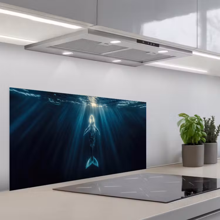 Walvis - Water - Zonnestralen - Blauw keuken achterwand spatscherm middel -3d_schuin