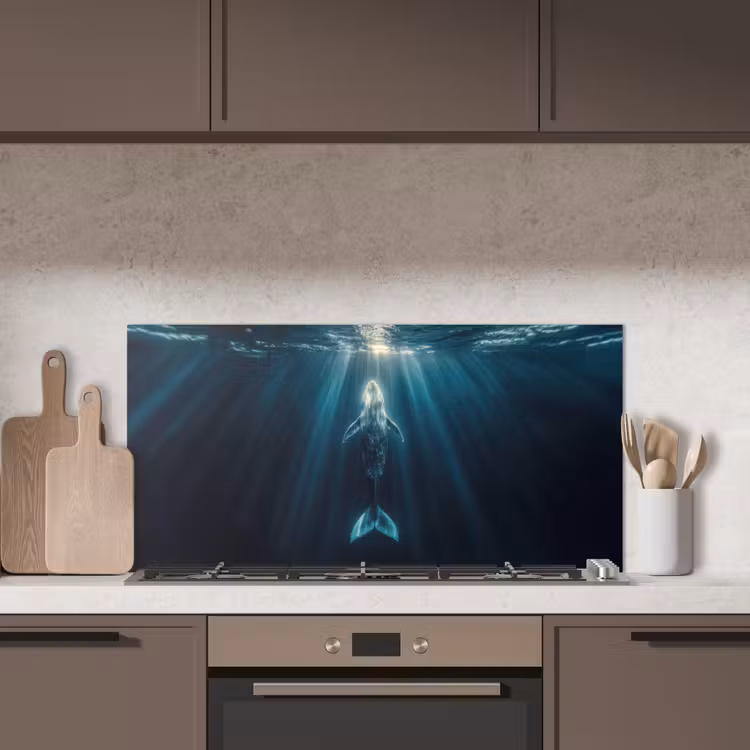 Walvis - Water - Zonnestralen - Blauw keuken achterwand spatscherm middel -sfeer2