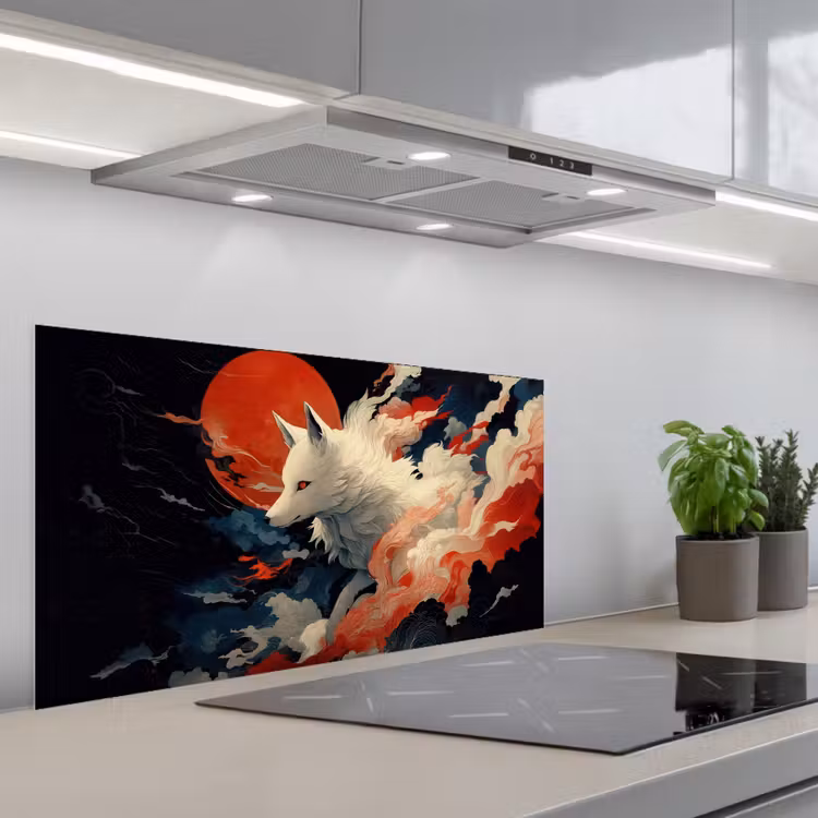 Witte vos - wolken - maan keuken achterwand spatscherm middel -3d_schuin