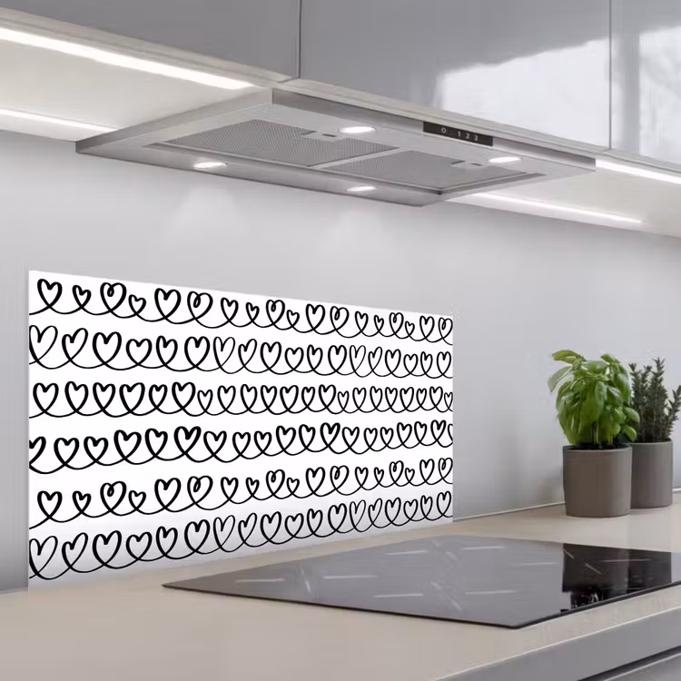 Wit - Harten -  Verweven - Zwart keuken achterwand spatscherm middel 899 -3d_schuin