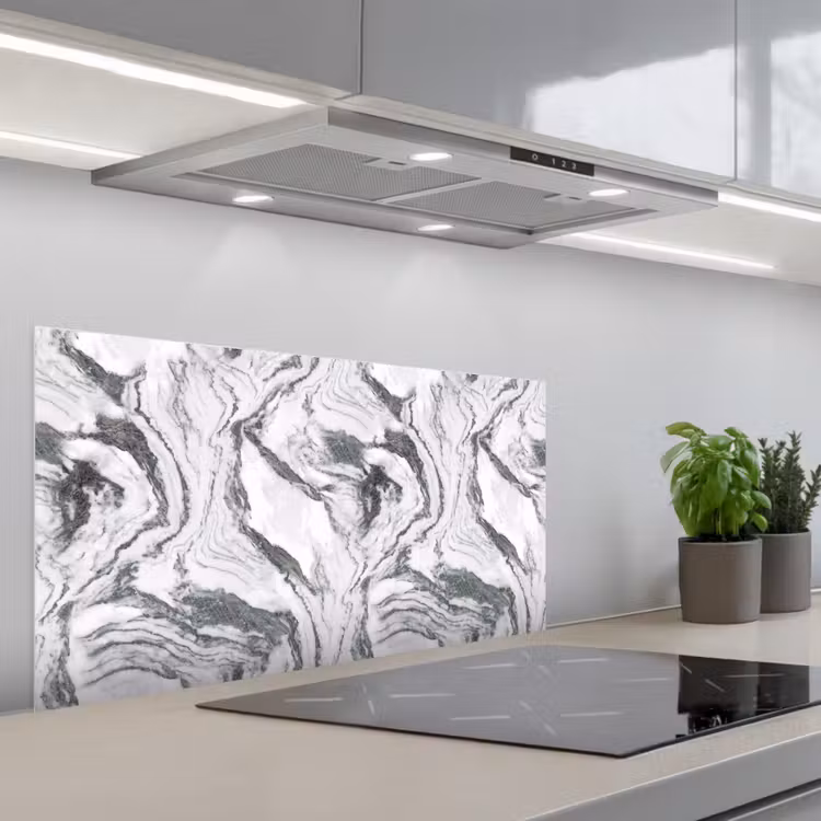 Wit - Marmer - Golvend - Grafiet keuken achterwand spatscherm middel 899 -3d_schuin