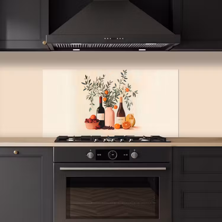 Wijnflessen - Takken - Sinaasappels keuken achterwand spatscherm middel -sfeer1
