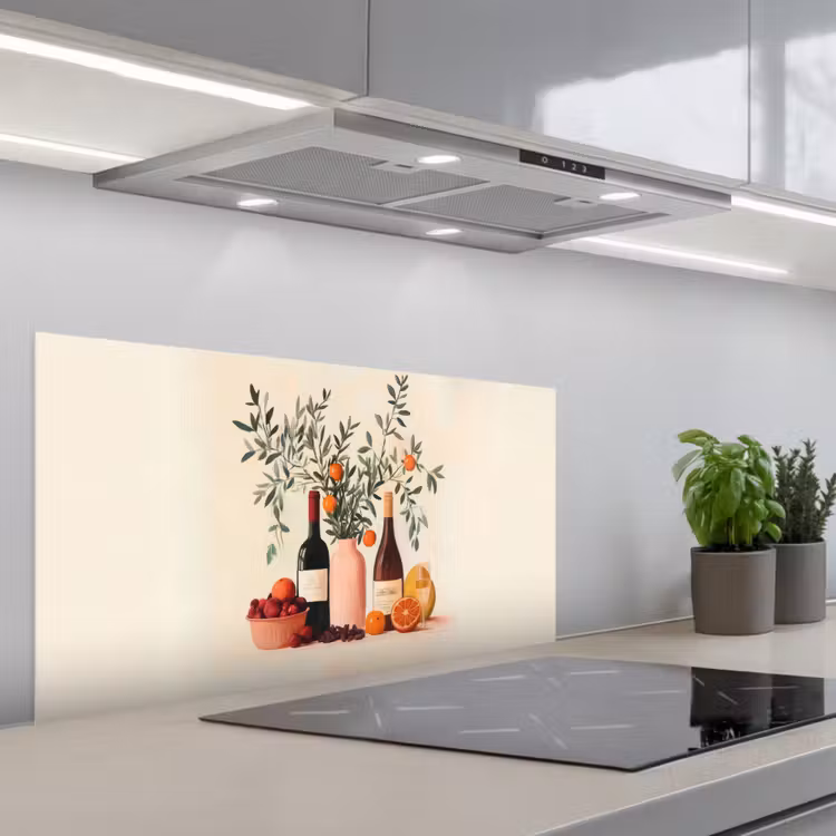 Wijnflessen - Takken - Sinaasappels keuken achterwand spatscherm middel -3d_schuin