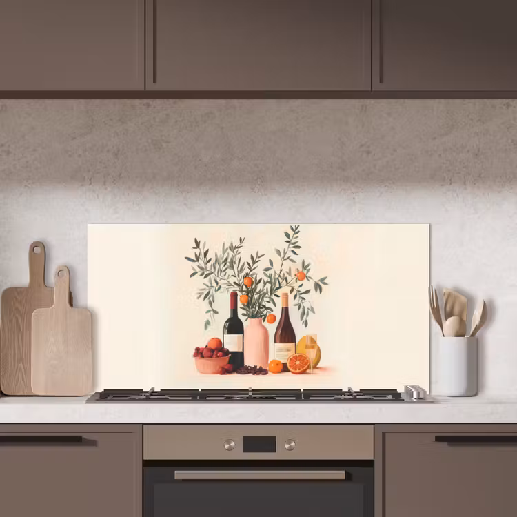 Wijnflessen - Takken - Sinaasappels keuken achterwand spatscherm middel -sfeer2