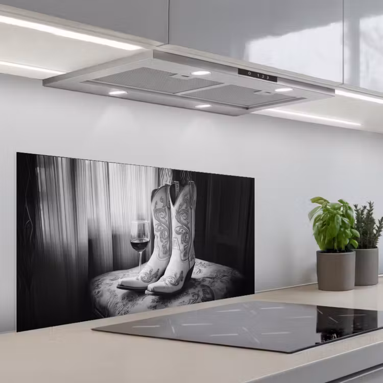 Wijn - Cowboylaarzen - Raamlicht - Wit keuken achterwand spatscherm middel -3d_schuin
