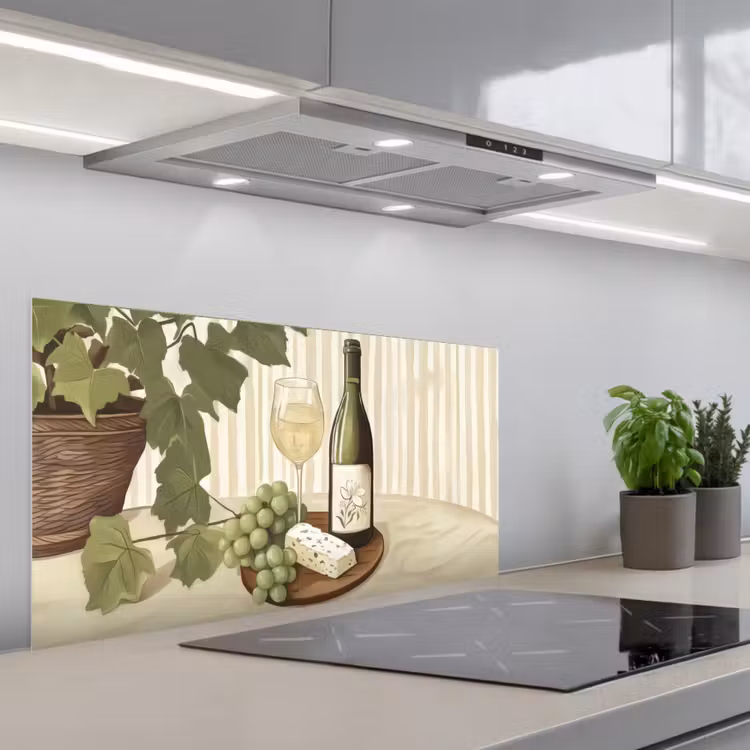 Wijn - Druiven - Kaas - Bladeren keuken achterwand spatscherm middel -3d_schuin