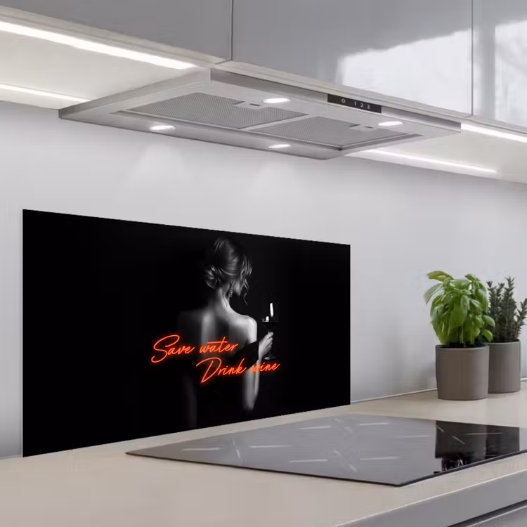 Wijn - Vrouw - Neon - Quote keuken achterwand spatscherm middel -3d_schuin