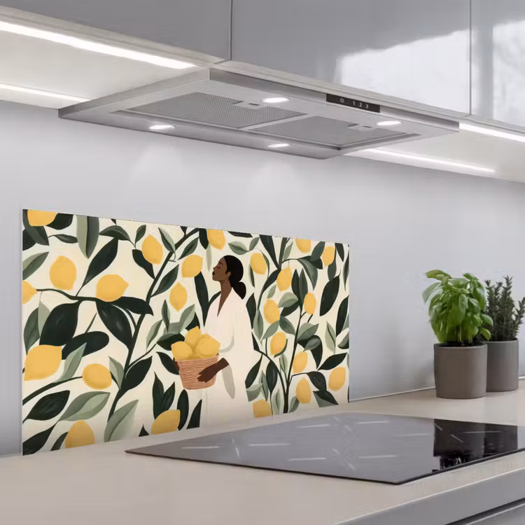 Vrouw - Mand - Citroenen - Bladeren keuken achterwand spatscherm middel -3d_schuin