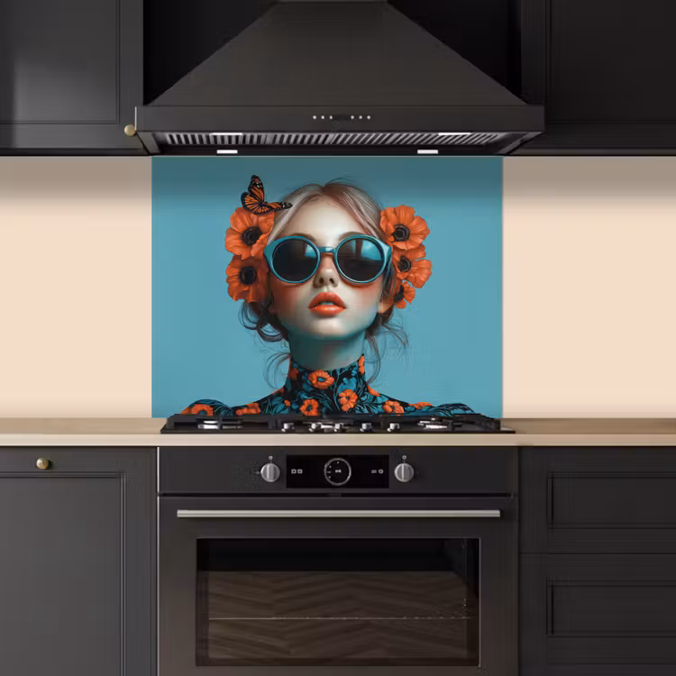 Vrouw - Blauw - Vlinder - Bloemen - Aesthetic keuken achterwand spatscherm middel -sfeer1