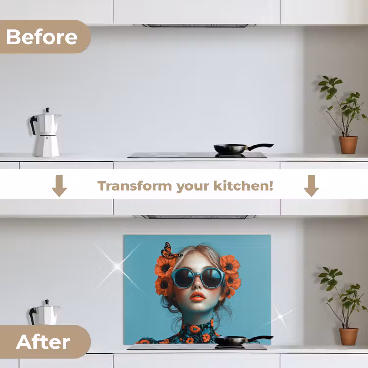 Vrouw - Blauw - Vlinder - Bloemen - Aesthetic keuken achterwand spatscherm middel -voor_na_EN