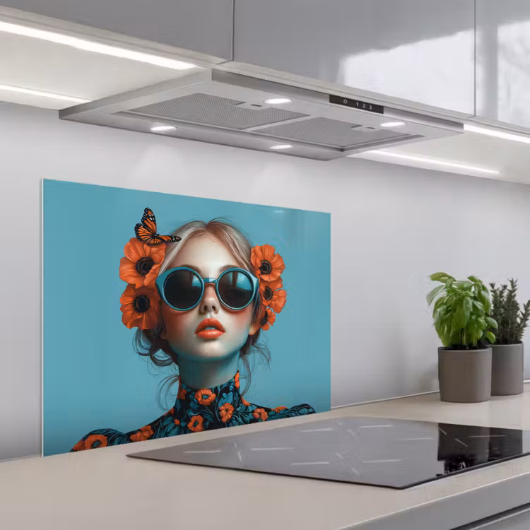Vrouw - Blauw - Vlinder - Bloemen - Aesthetic keuken achterwand spatscherm middel -3d_schuin