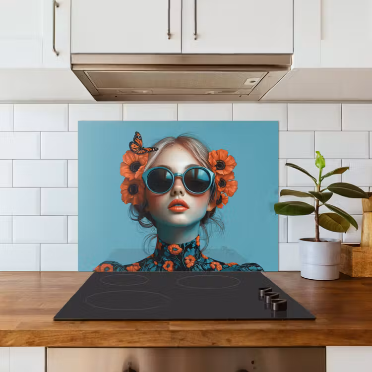 Vrouw - Blauw - Vlinder - Bloemen - Aesthetic keuken achterwand spatscherm middel -sfeer2
