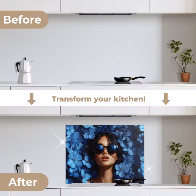 Vrouw - Blauw - Bloemen - Vlinders - Natuur keuken achterwand spatscherm middel -voor_na_EN