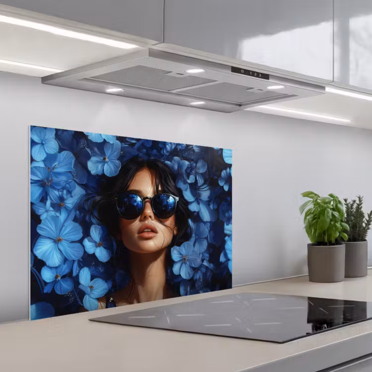 Vrouw - Blauw - Bloemen - Vlinders - Natuur keuken achterwand spatscherm middel -3d_schuin