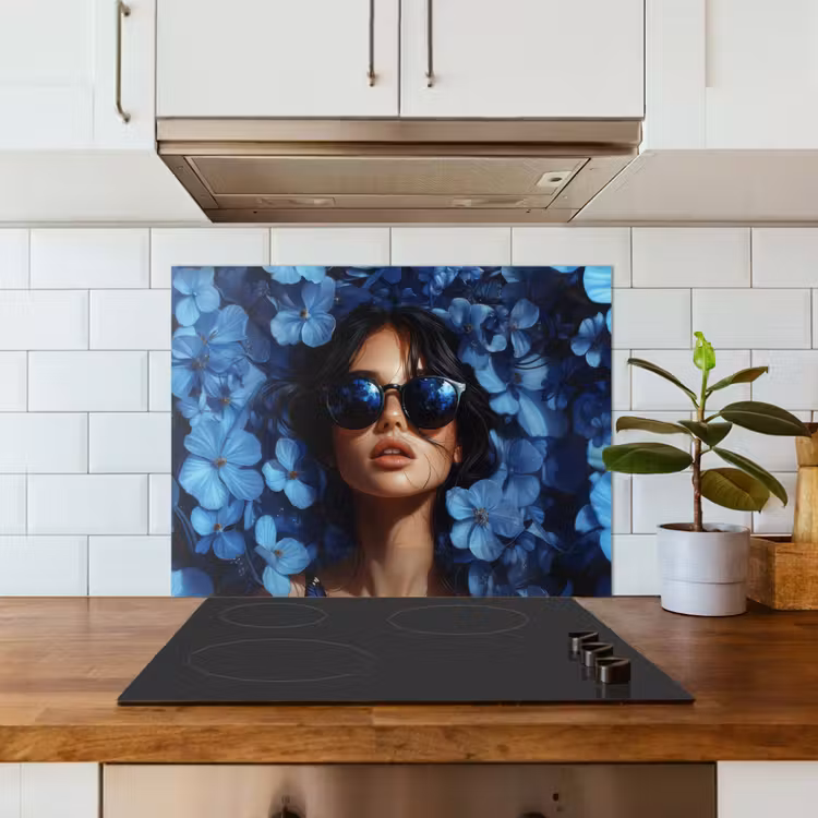 Vrouw - Blauw - Bloemen - Vlinders - Natuur keuken achterwand spatscherm middel -sfeer2