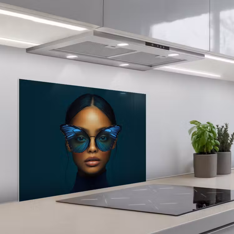 Vrouw - Vlinder - Bril - Blauw - Modern - Portret keuken achterwand spatscherm middel -3d_schuin
